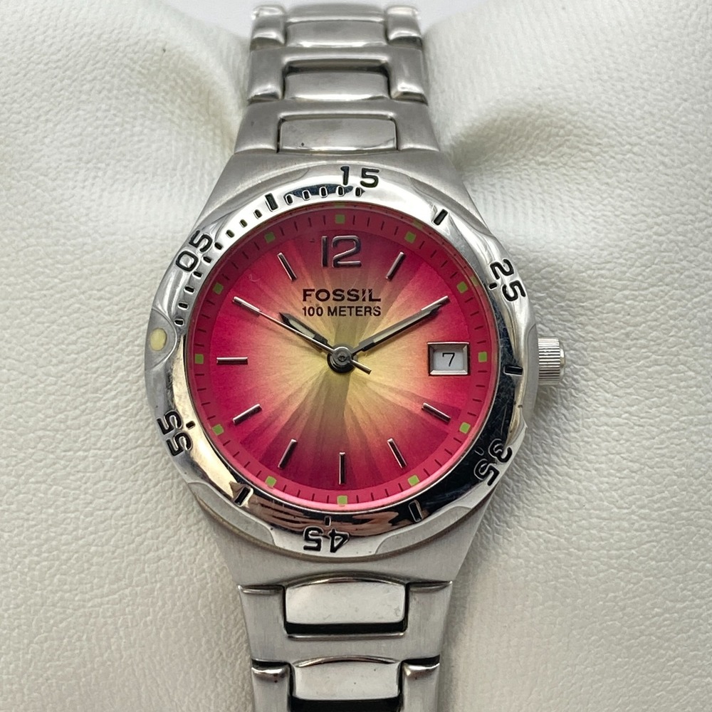 Fossil Women's Watch 28mm Silver Tone Red Yellow Ombre Date New Battery SMALL 6"